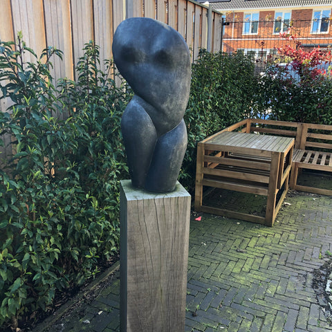 Vrouw groot op houten strandpaal